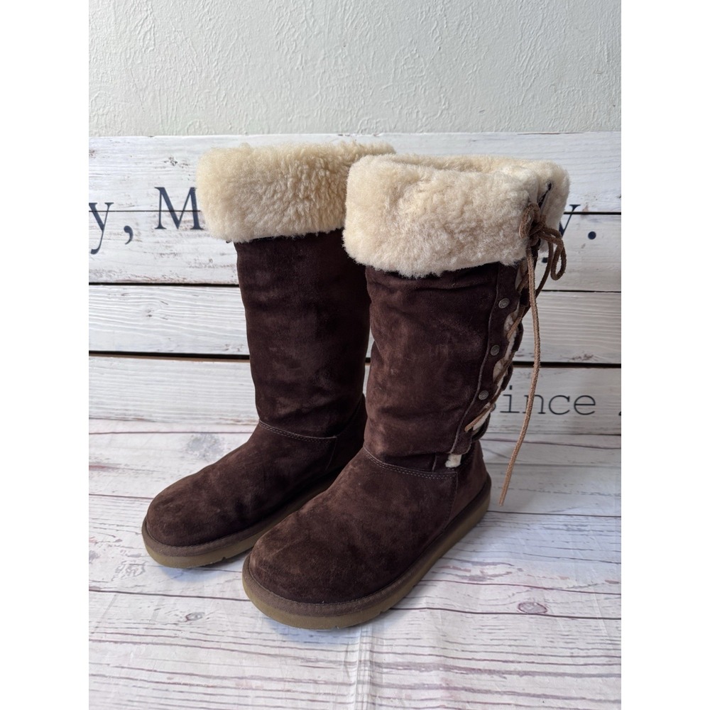 Ugg Upside Tall Size 8 Dark Brown Suede Shearling Sheepskin Lace Up Winter Boots